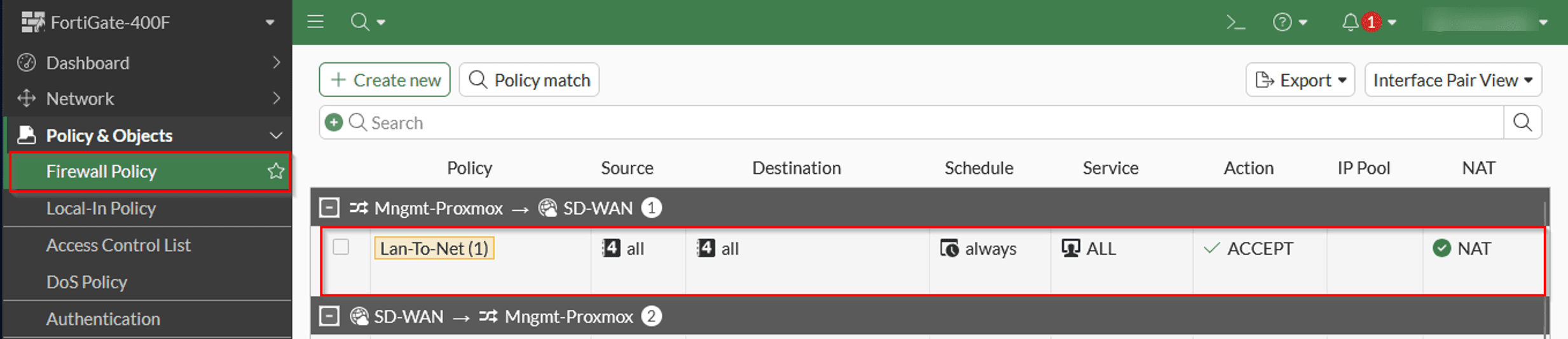 หน้า Firewall Policy ของ FortiGate เลือก policy ที่ต้องการแก้ไข