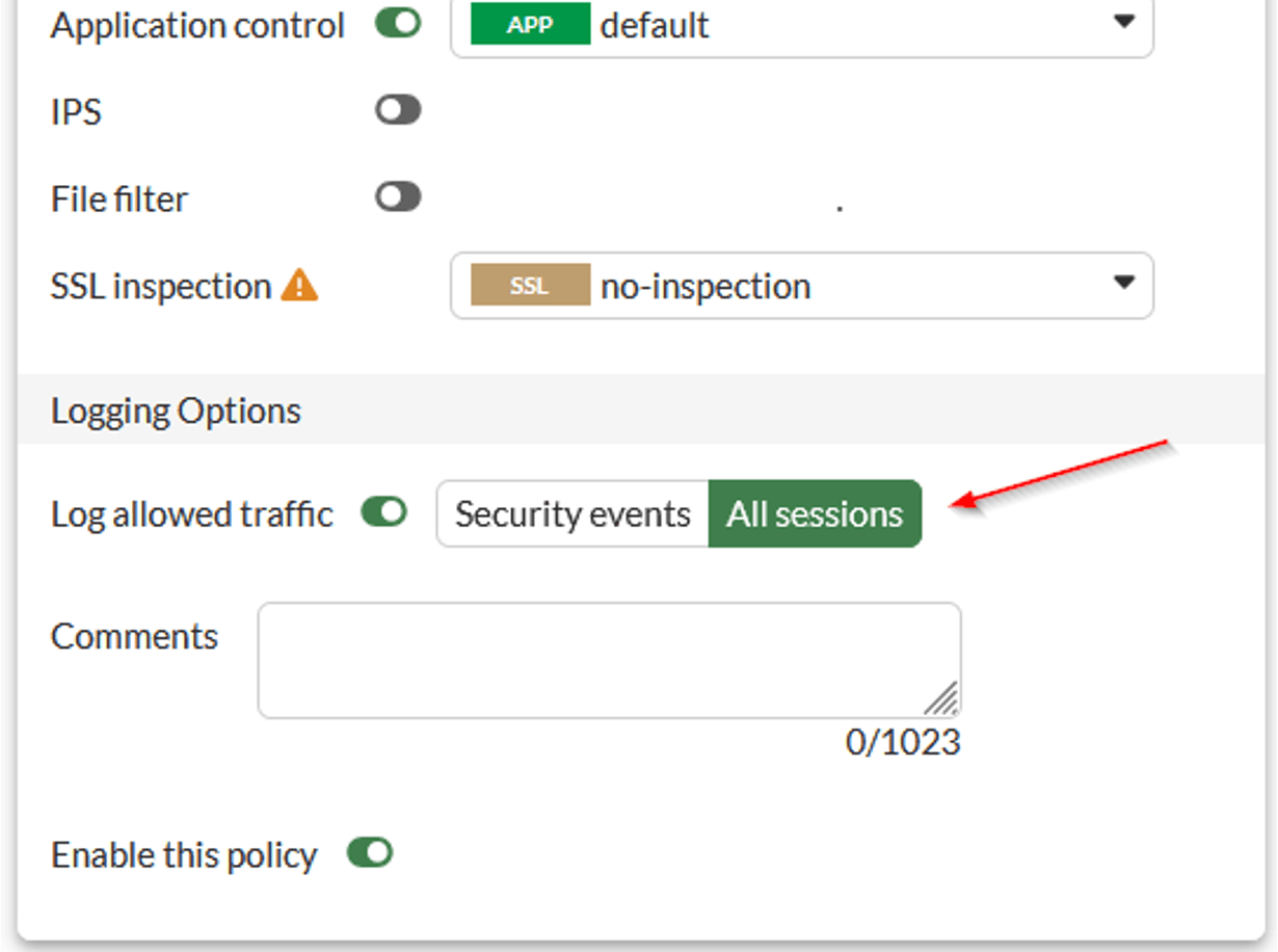 ตั้งค่า Logging Options ของ policy ให้เป็น All sessions
