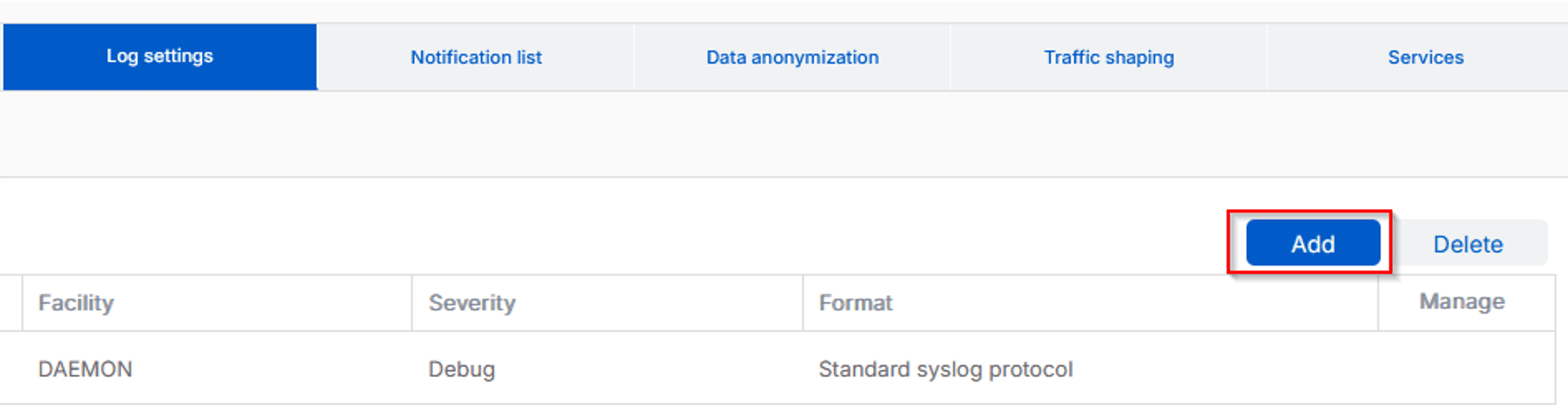 แท็บ Log settings ของ Sophos กดปุ่ม Add เพื่อสร้างปลายทาง syslog ใหม่