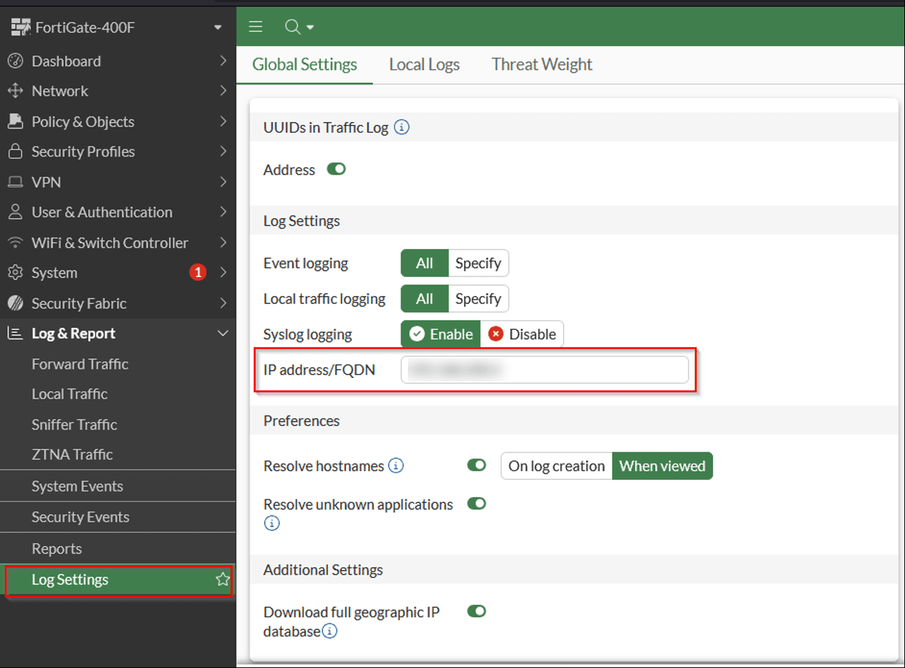 หน้า Log Settings ของ FortiGate เปิด Syslog logging และใส่ IP ปลายทาง