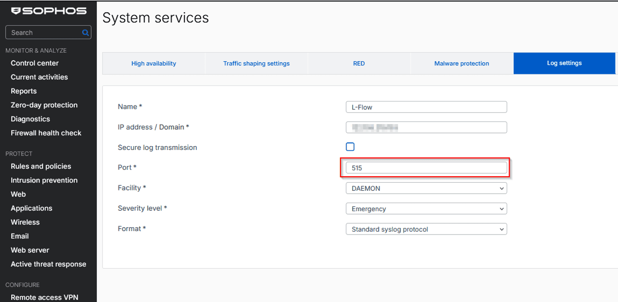 ฟอร์มสร้างปลายทาง syslog ของ Sophos กรอกชื่อ L-Flow พอร์ต 515