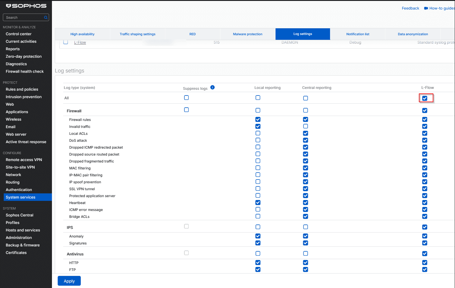 ตาราง Log settings ของ Sophos ติ๊ก All ในคอลัมน์ L-Flow